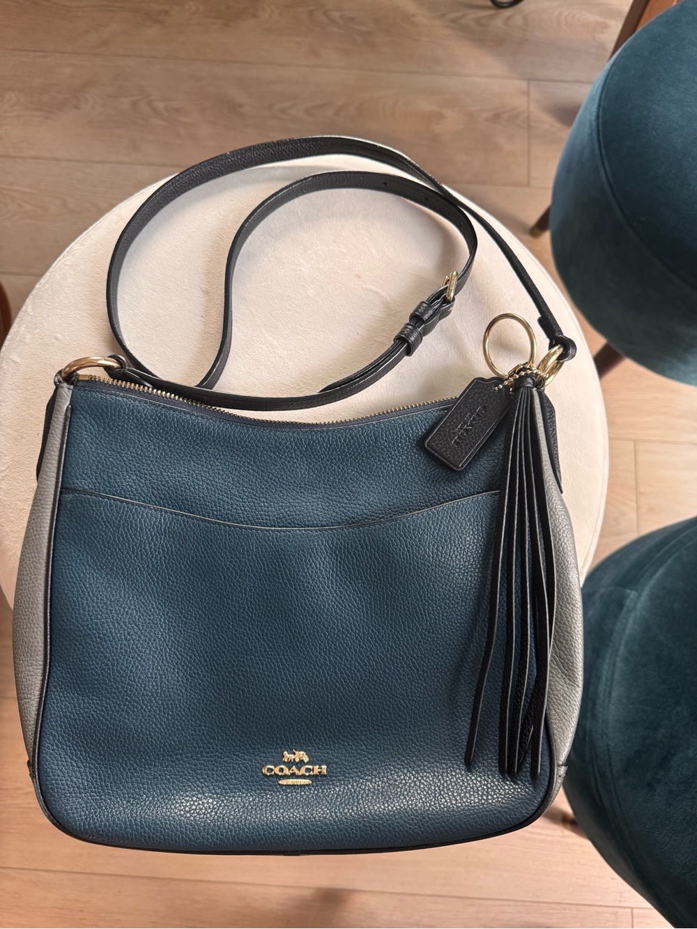 Coach Teal and Cream Pebbled Leather Crossbody with Tassel
